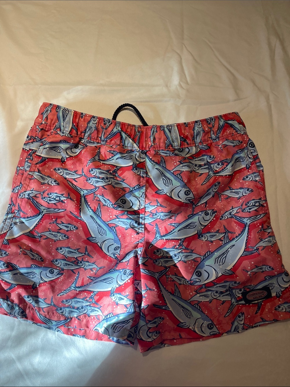 Vineyard Vines Kids Swim Trunks - Coral with Light Blue Fish Print